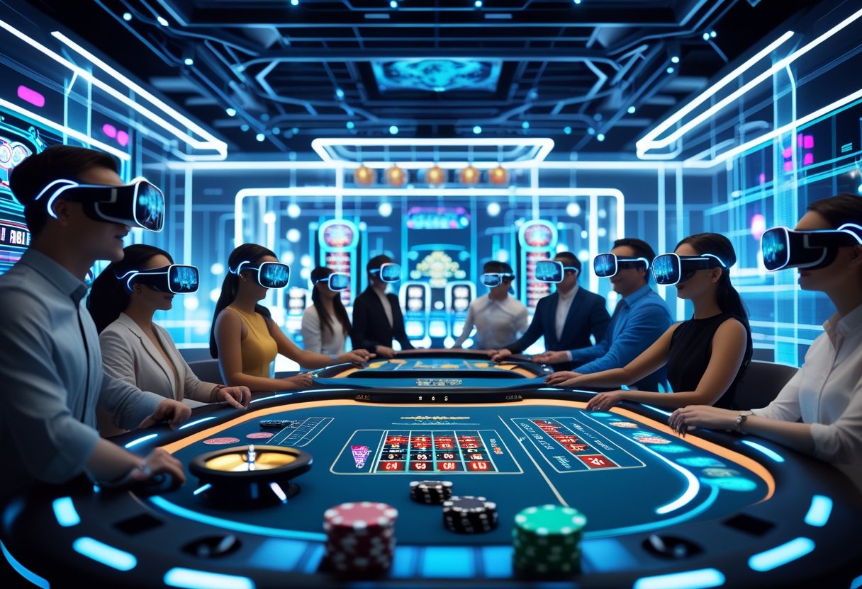 People wearing virtual reality headsets playing holographic casino games in a futuristic digital environment.