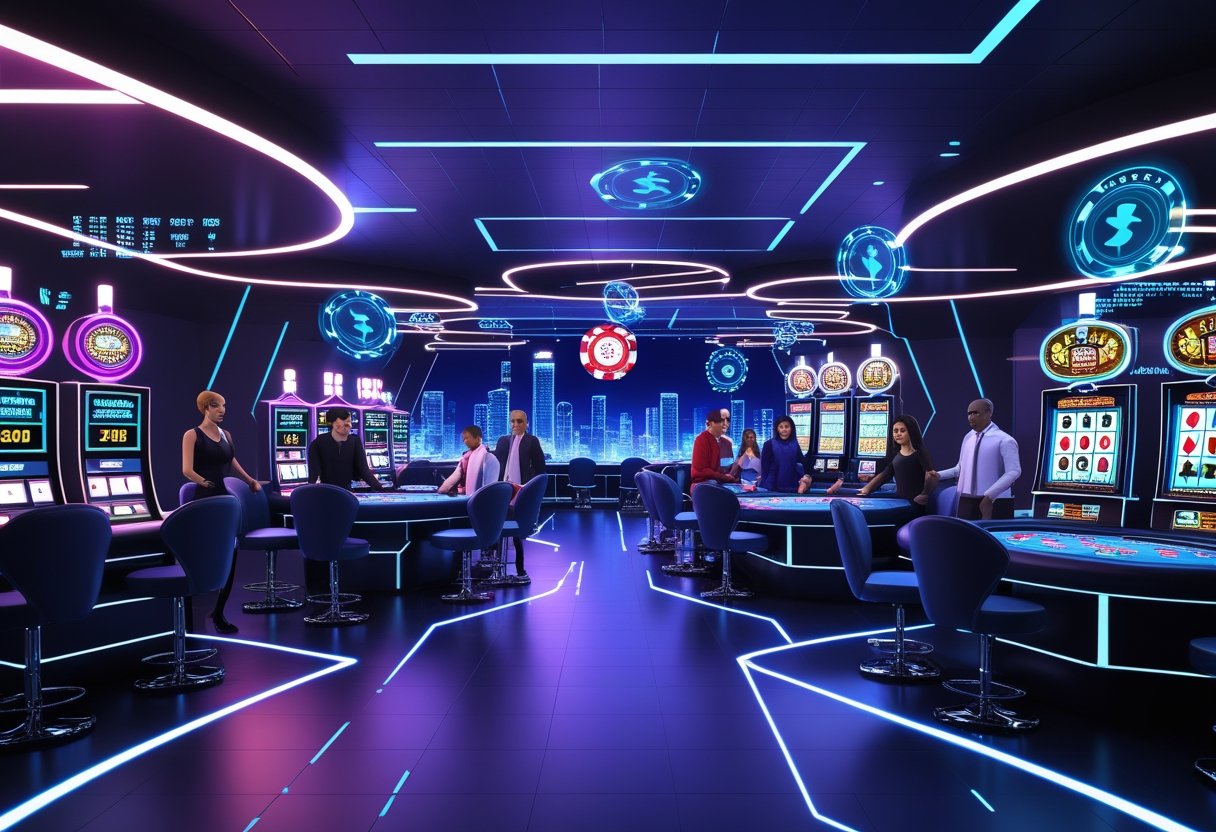 Virtual casino scene with avatars playing digital slot machines and poker tables in a futuristic neon-lit environment.