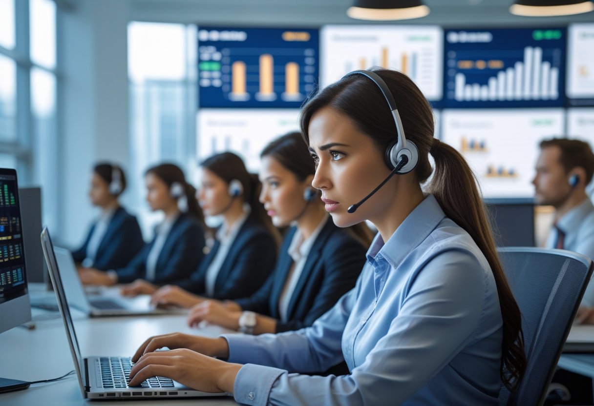 Customer service representatives working in a modern office handling online casino complaints with computers and headsets.