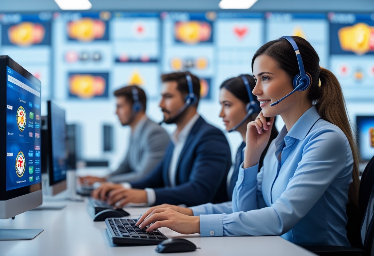 Customer service representatives working at computers in an office, addressing online casino complaints.