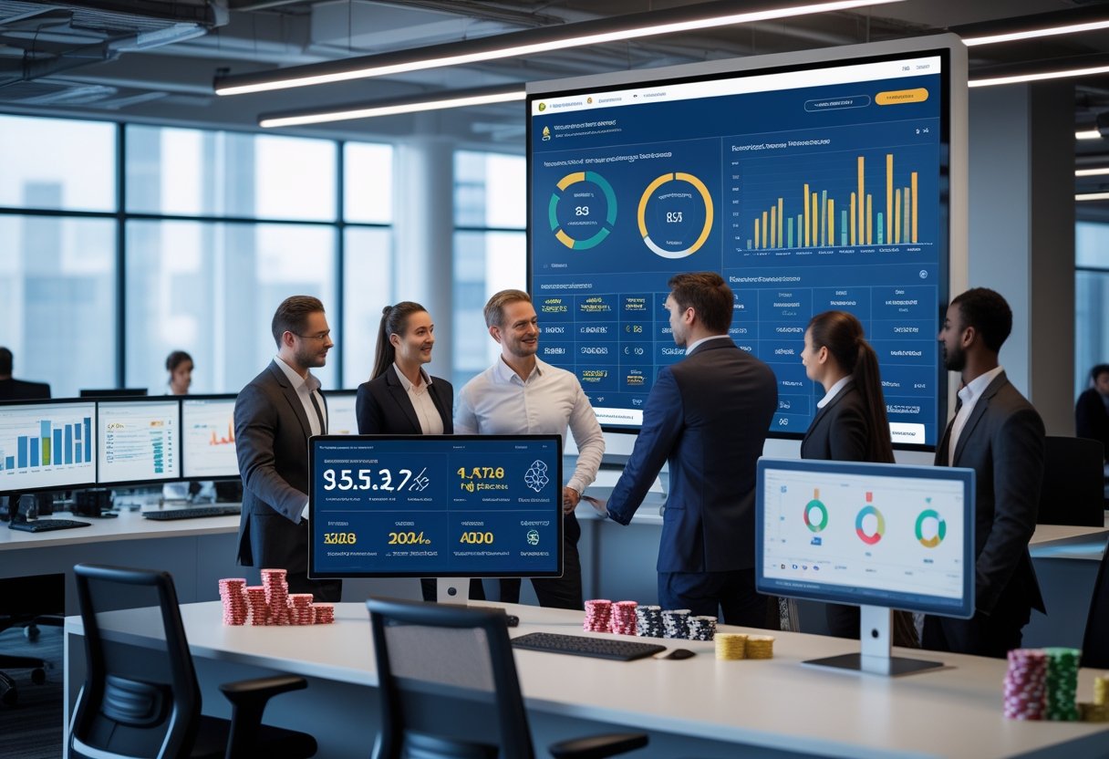 Business professionals collaborating around a digital display showing casino and betting data in a modern office.