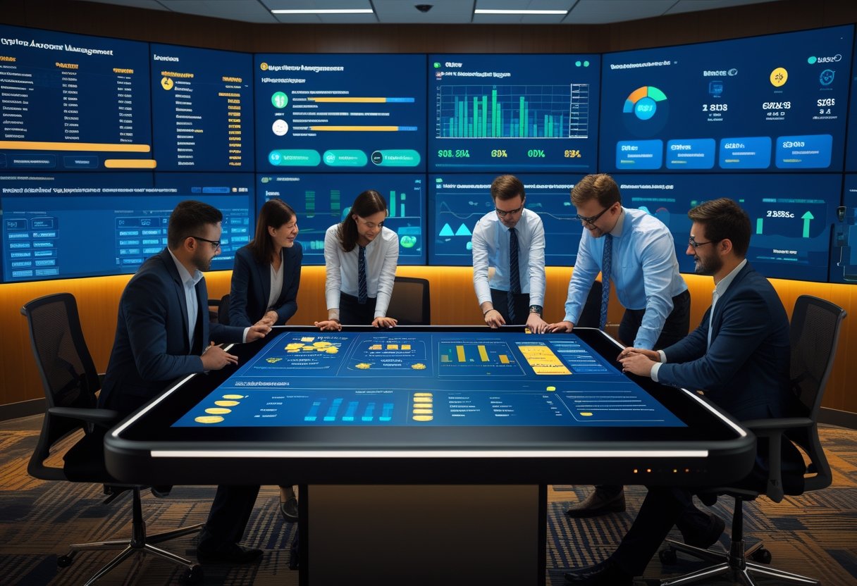 A team of professionals working together in an office with digital screens showing data and charts related to casino and betting operations.