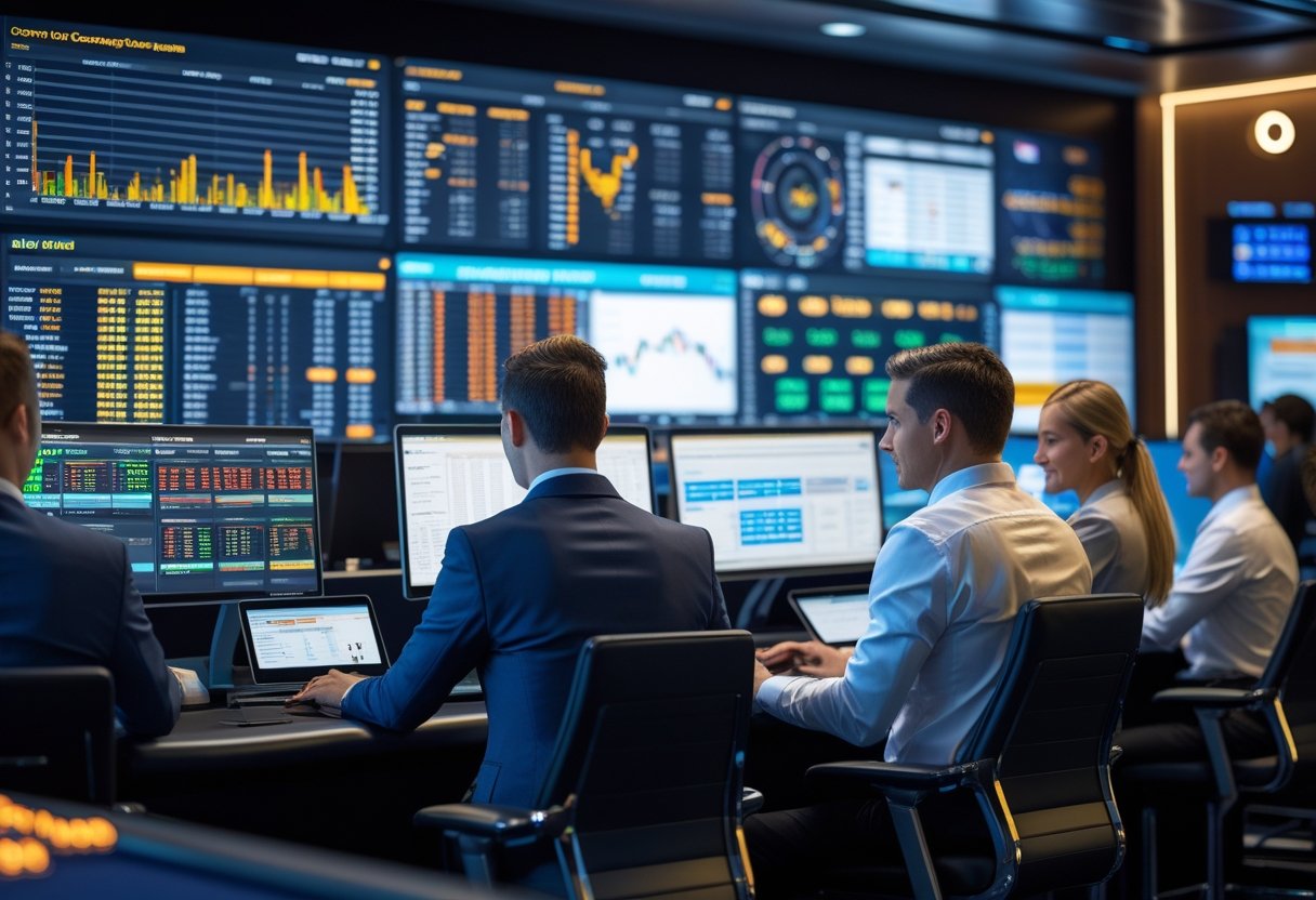Casino staff in a control room monitoring screens with data and betting information.