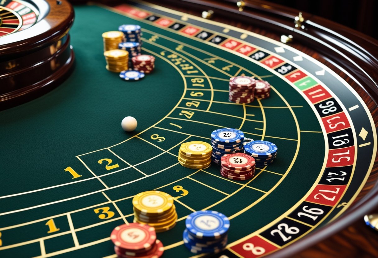 Close-up of a roulette table with chips placed on different betting areas and a spinning roulette wheel in the background.
