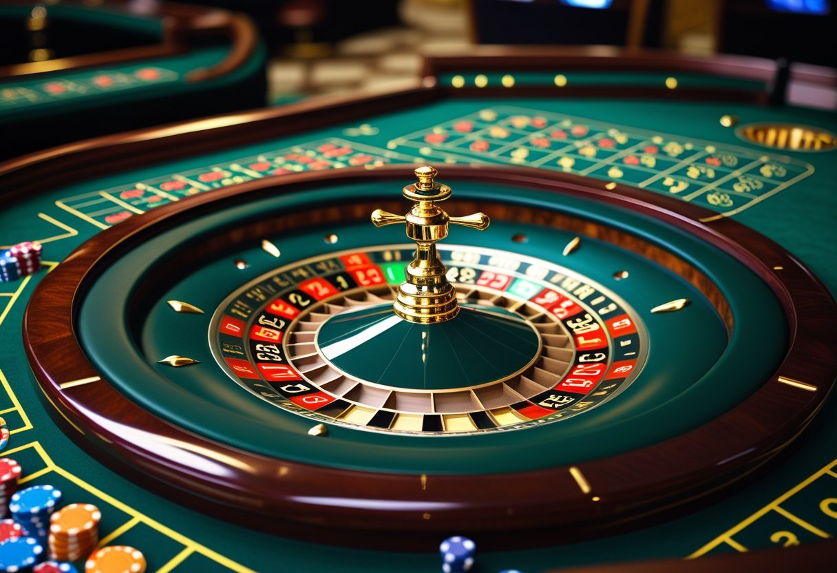 Close-up of a roulette wheel spinning with chips placed on a casino betting table showing various betting options.