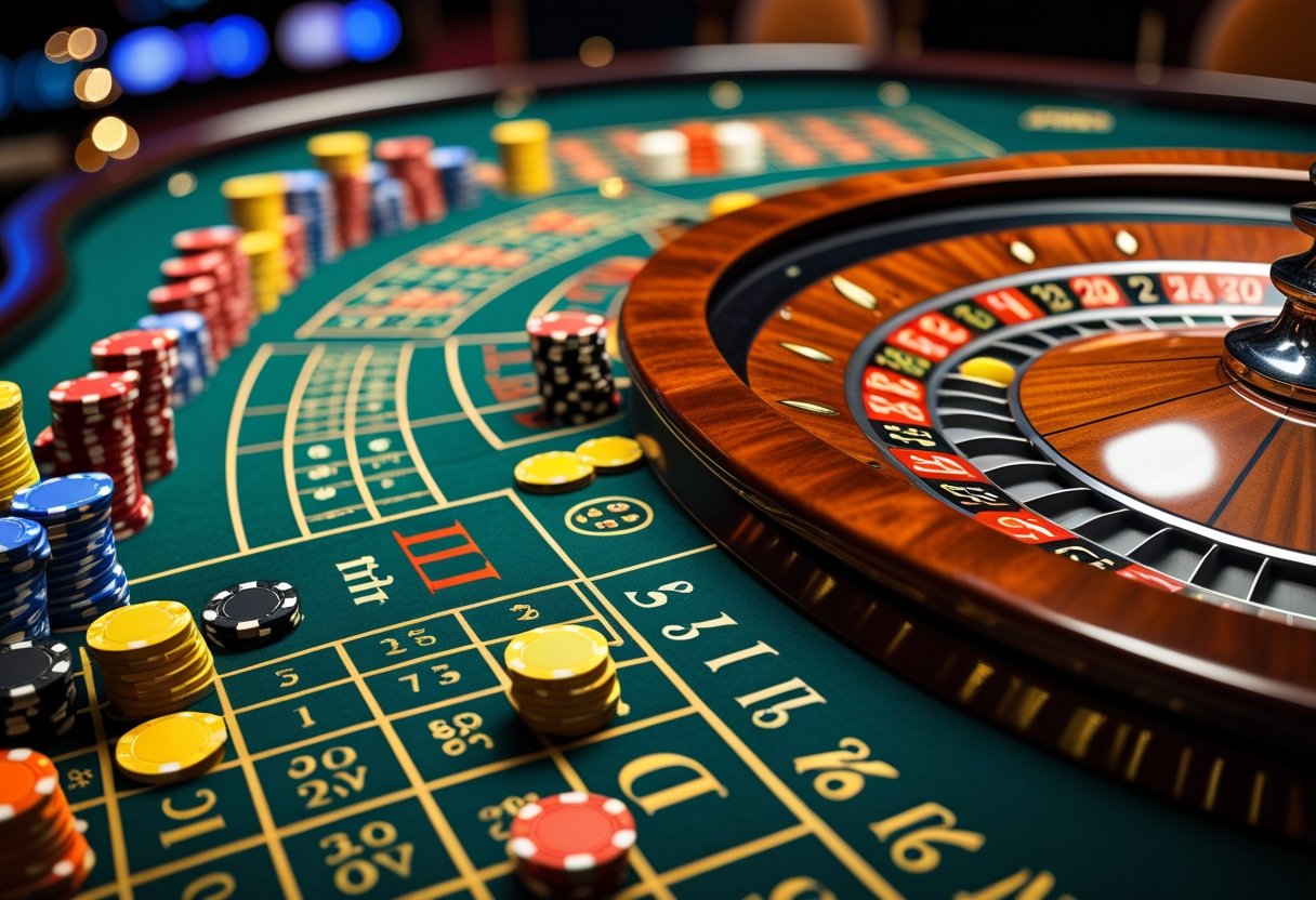 Close-up of a roulette wheel spinning with colorful chips placed on different betting areas of the table.