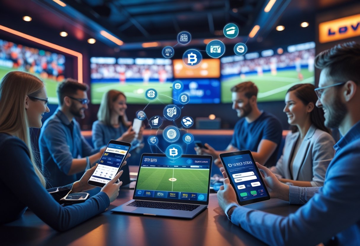 People using smartphones and laptops to place sports bets in a modern sports bar with floating icons of various payment methods around them.