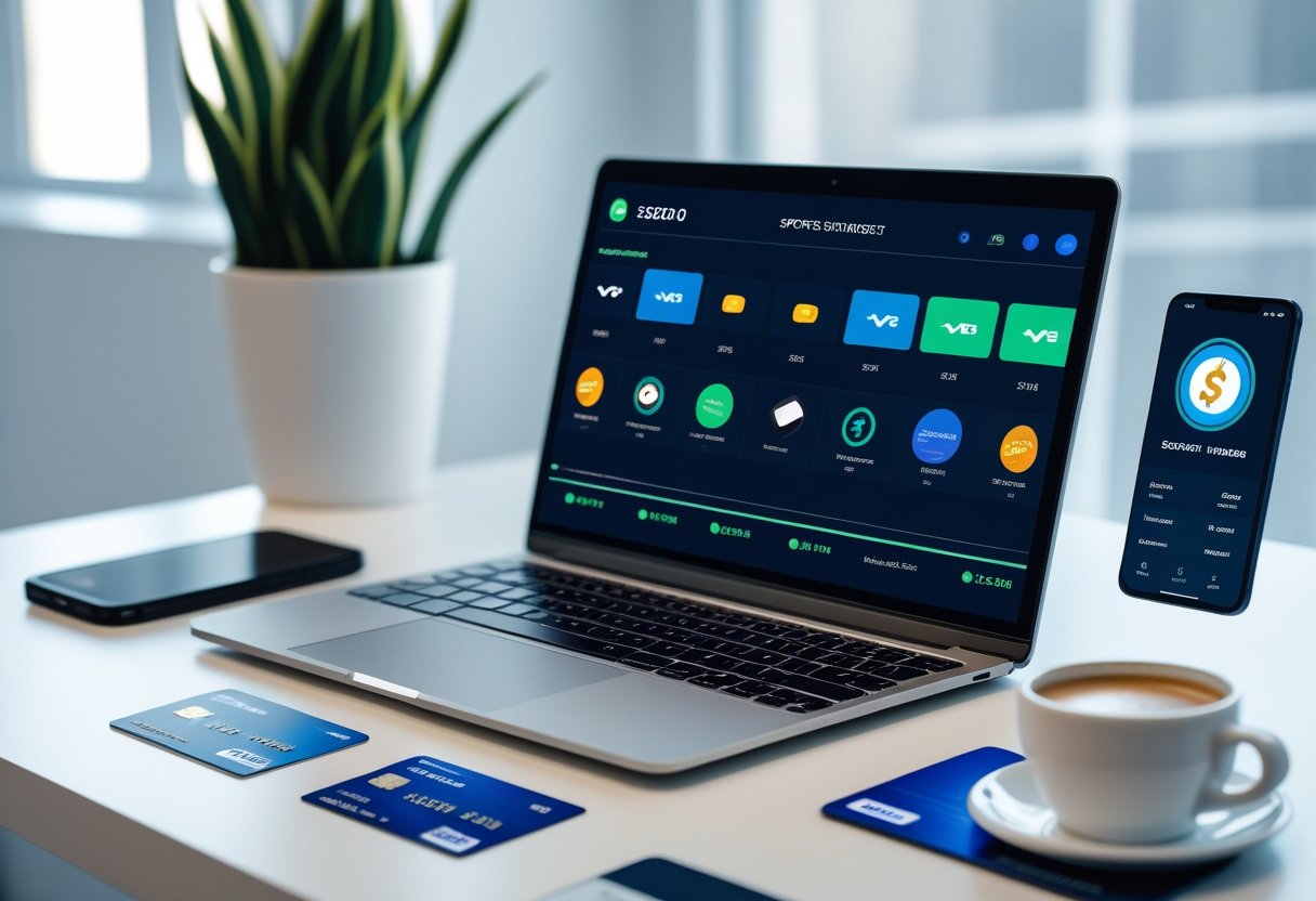 A workspace with a laptop, smartphone, credit card, and digital wallet device arranged on a desk, representing various sports betting payment methods.