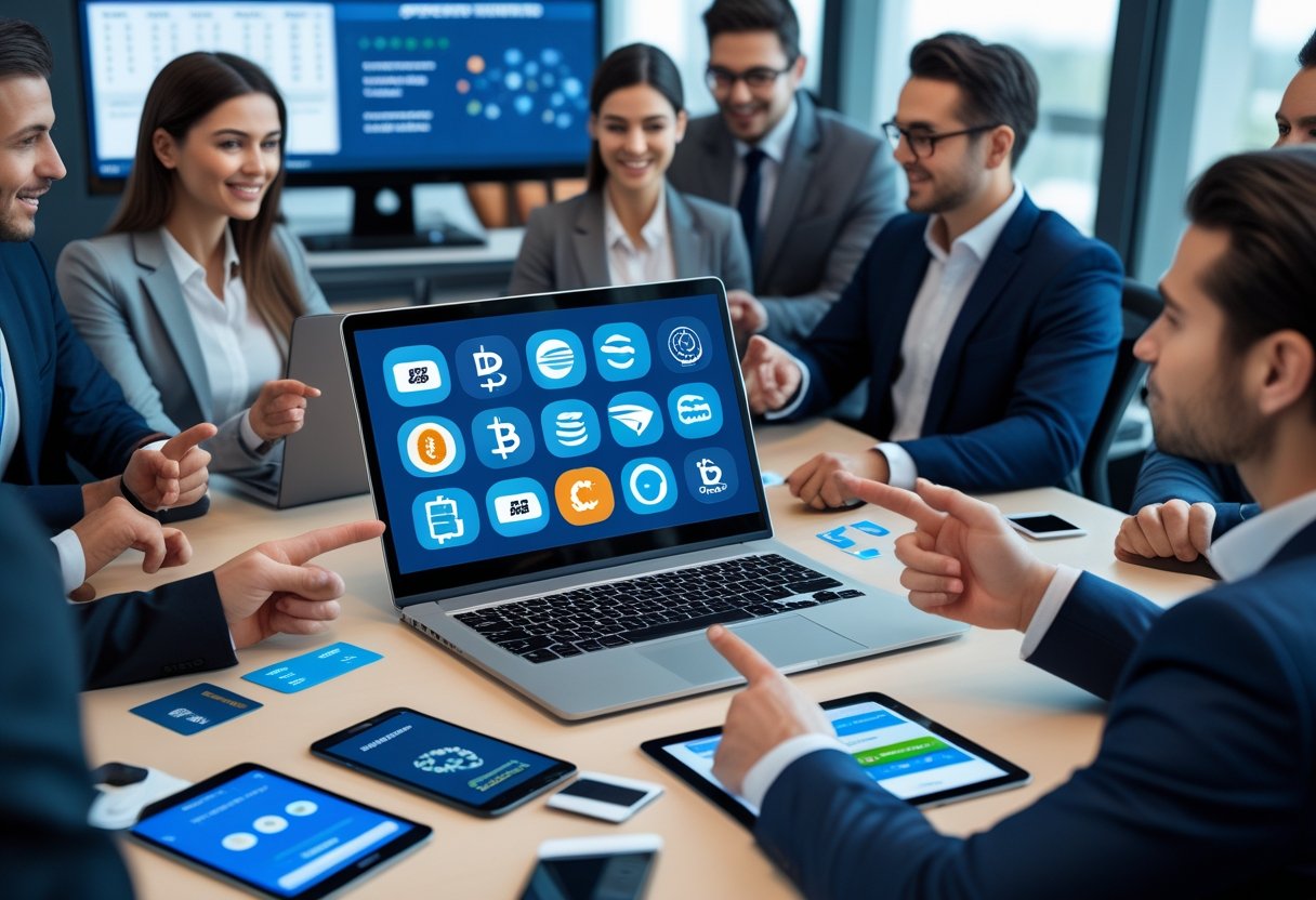 A group of professionals discussing various digital and physical payment methods around a laptop in a modern office.