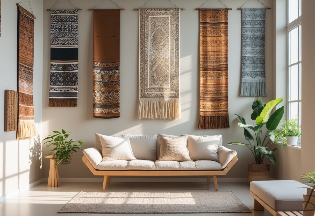 Verschiedene hochwertige Wandtücher hängen an einer hellen Wand in einem modernen Wohnzimmer mit natürlichem Licht und stilvollen Möbeln.