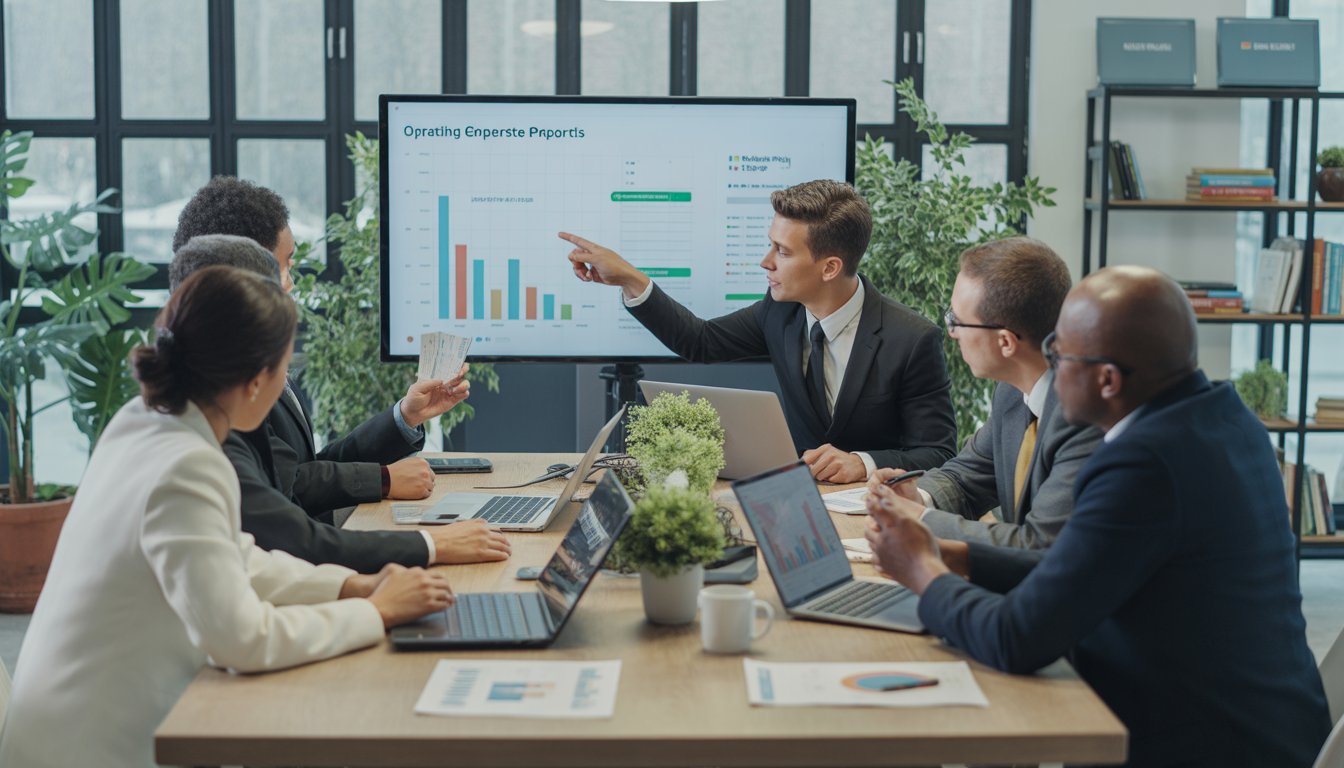 A group of professionals in a meeting room discussing financial charts and reports related to rental property expenses.