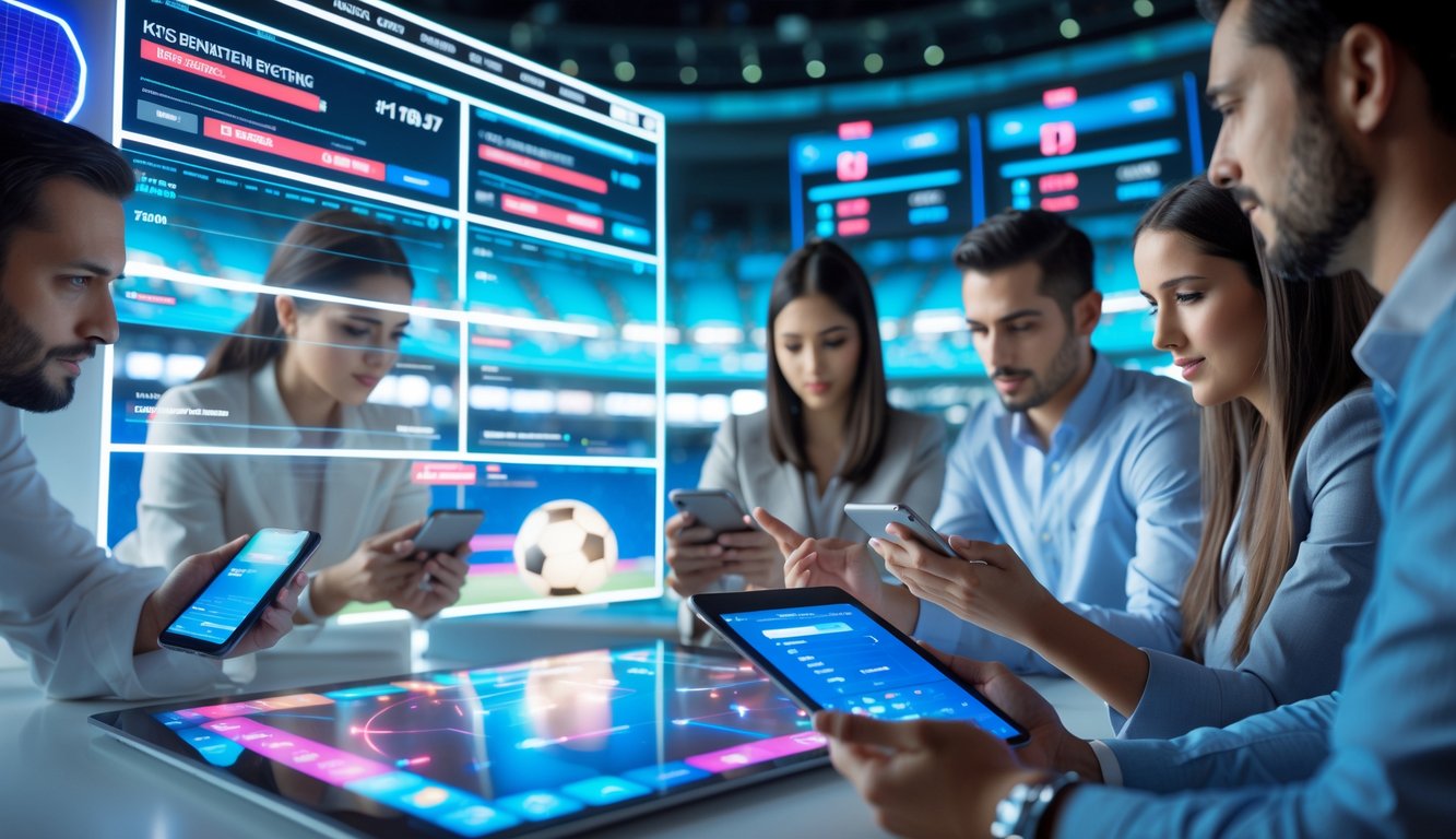 Beberapa orang menggunakan perangkat digital untuk mengakses data pertandingan olahraga secara real-time di lingkungan modern dan berteknologi tinggi.