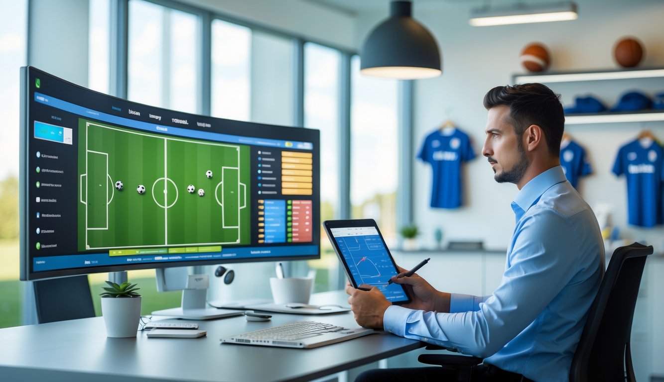 Seorang analis olahraga profesional duduk di meja kerja dengan layar komputer menampilkan statistik pertandingan sepak bola dan diagram taktis.