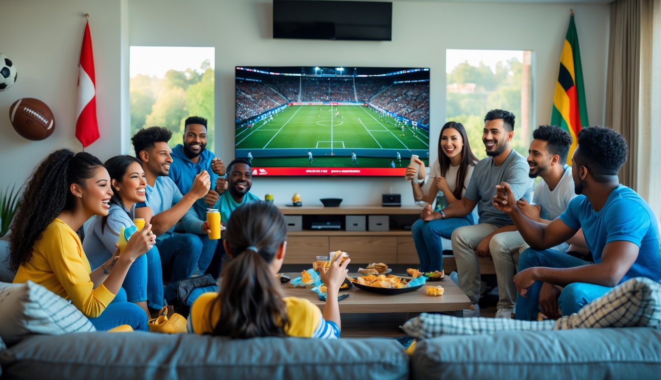 Sekelompok orang dari berbagai latar belakang menonton pertandingan olahraga internasional bersama di ruang tamu modern.