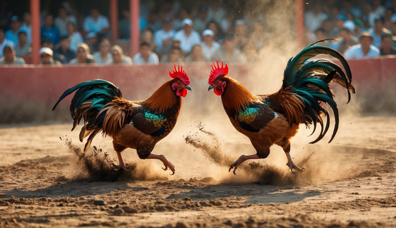 Dua ayam jago sedang bertarung di arena dengan penonton di latar belakang.