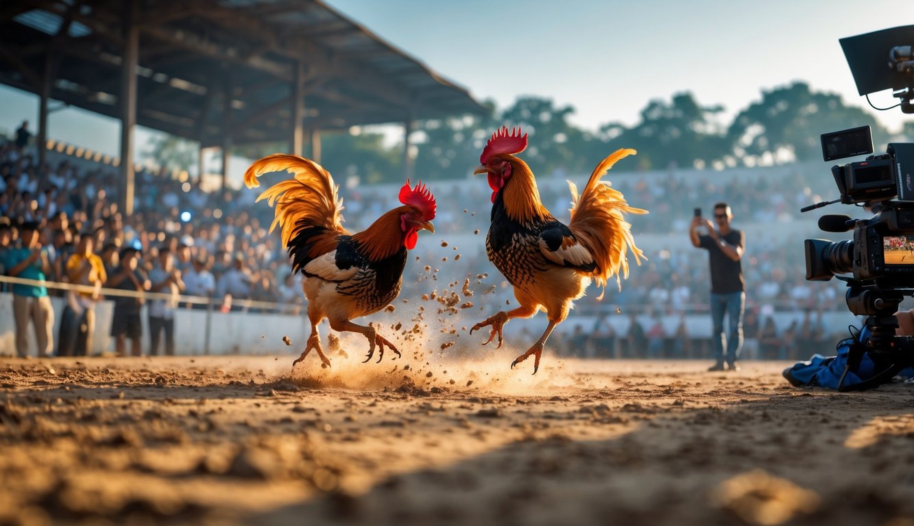 Dua ayam jago sedang bertarung di arena dengan penonton di sekitarnya dan peralatan siaran langsung terlihat.