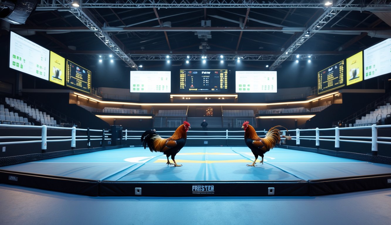 Arena sabung ayam modern dengan teknologi canggih dan ring stabil di tengah, dua ayam siap bertarung di dalamnya.