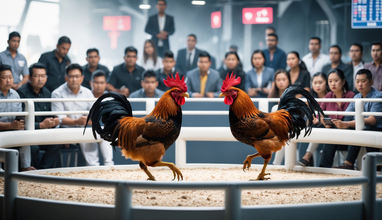Dua ayam jago sedang bertarung di arena dengan penonton yang memperhatikan dengan serius.