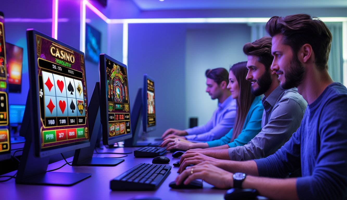 Sekelompok orang muda bermain game judi online di ruang kerja modern dengan beberapa monitor komputer.