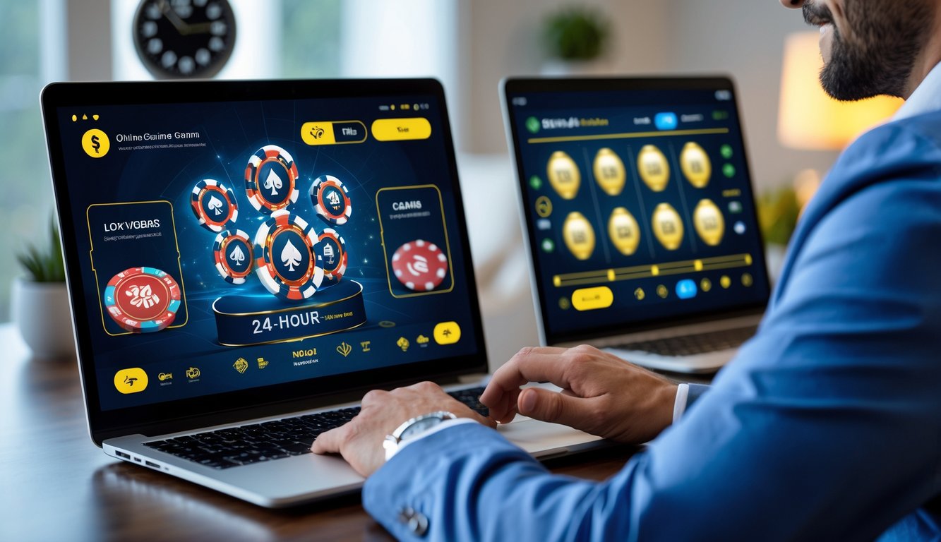 Seseorang menggunakan laptop di ruang kerja dengan layar menampilkan permainan judi online dan simbol koneksi internet.