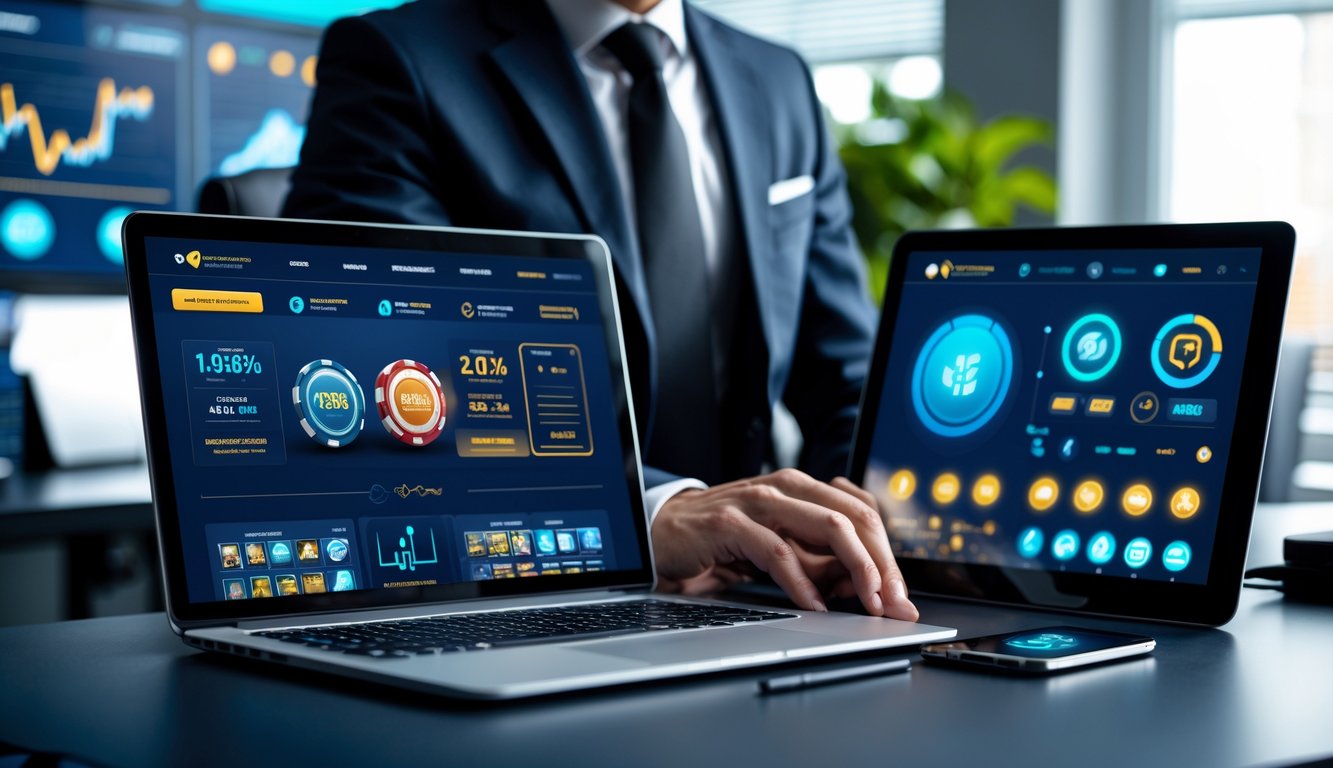 Seorang profesional menggunakan beberapa perangkat digital di kantor modern dengan tampilan platform judi online di layar.
