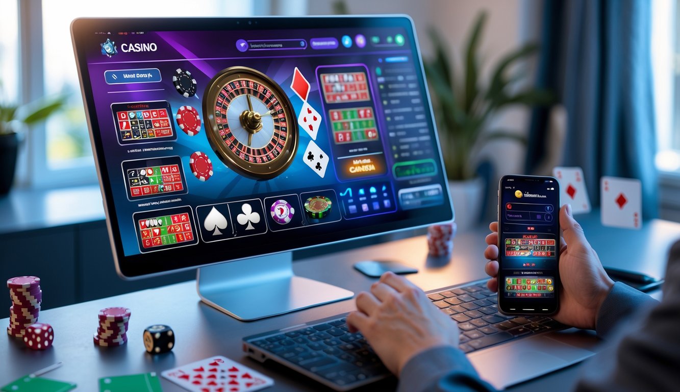 Seseorang menggunakan komputer dengan layar menampilkan berbagai permainan judi online populer seperti poker, roulette, dan mesin slot di meja kerja yang rapi.