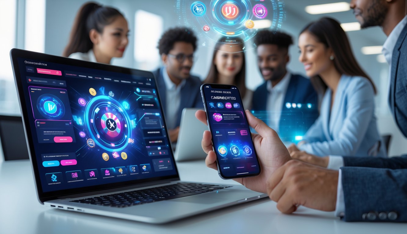 Orang-orang bekerja bersama di ruang kerja modern dengan laptop dan ponsel menampilkan antarmuka judi online berteknologi tinggi.