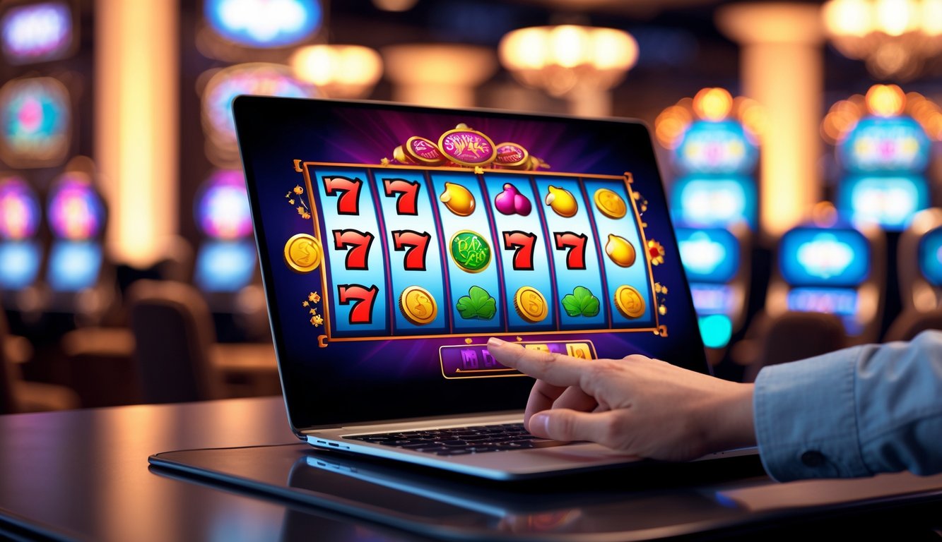 Layar laptop menampilkan mesin slot online dengan simbol berwarna cerah dan tangan seseorang siap menekan tombol putar.