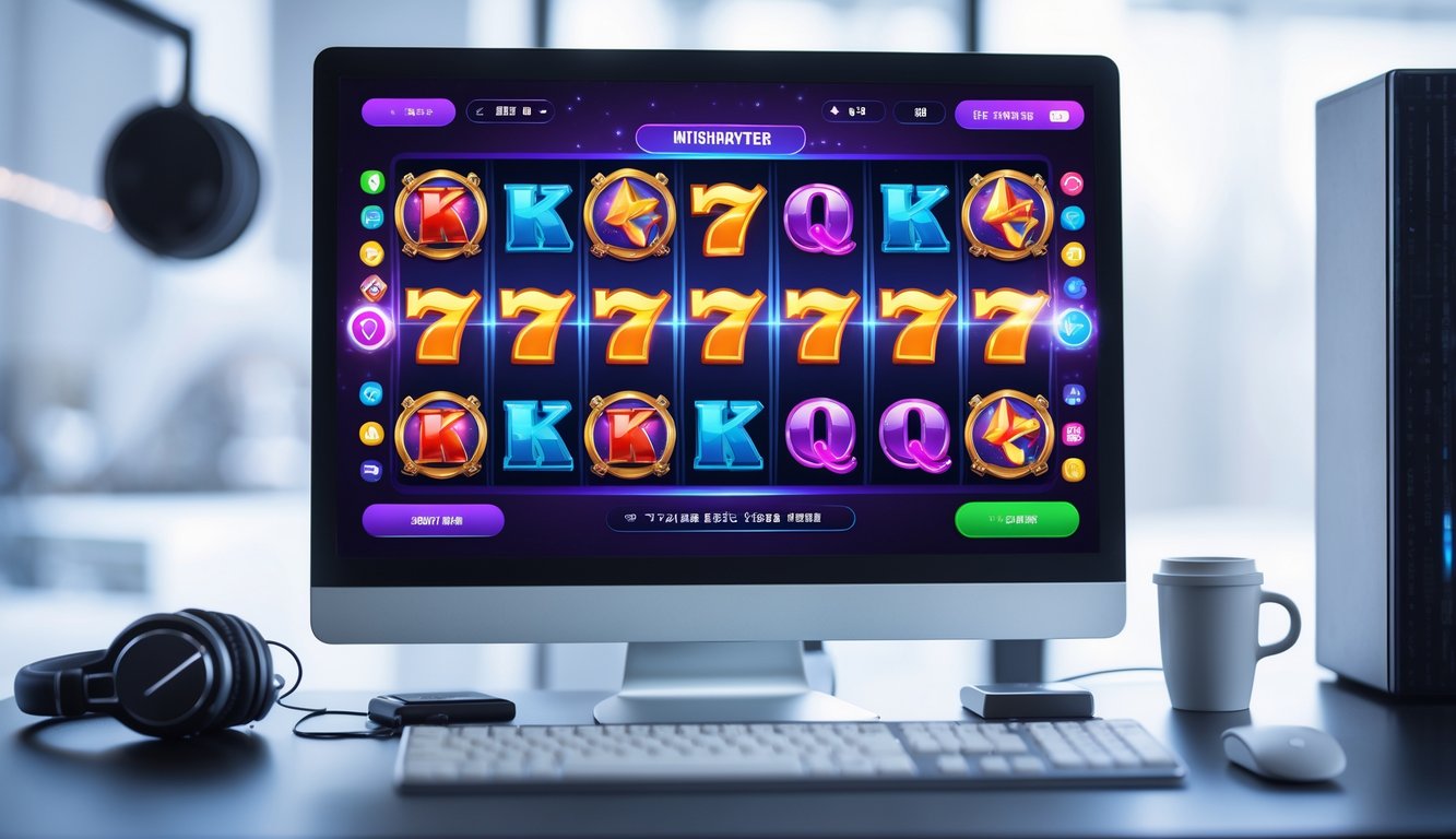 Layar komputer menampilkan permainan slot online dengan simbol berputar di meja kerja yang rapi.