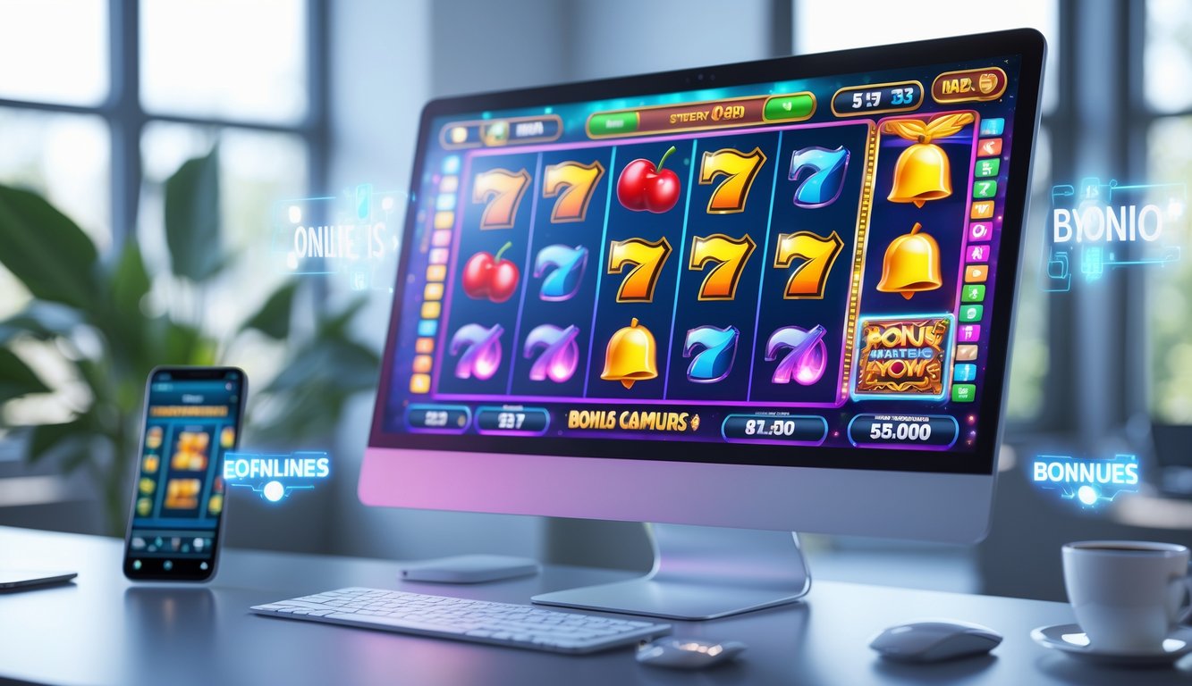 Layar komputer menampilkan mesin slot online dengan fitur bonus aktif di ruang kerja modern.