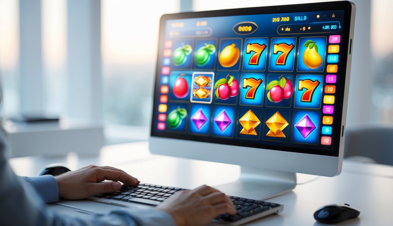 Tampilan layar komputer dengan mesin slot online yang sedang berputar dan tangan seseorang siap bermain.