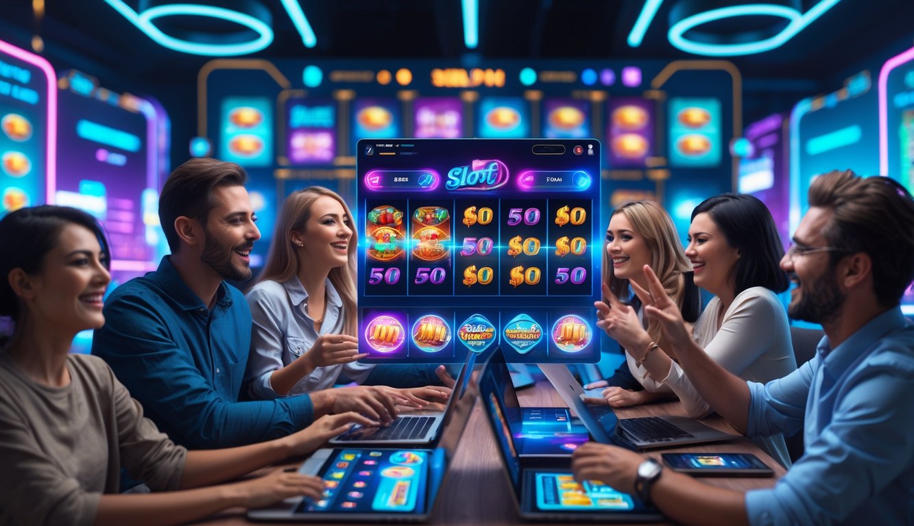 Orang-orang menggunakan perangkat digital untuk bermain berbagai permainan slot online yang populer dalam suasana modern dan cerah.