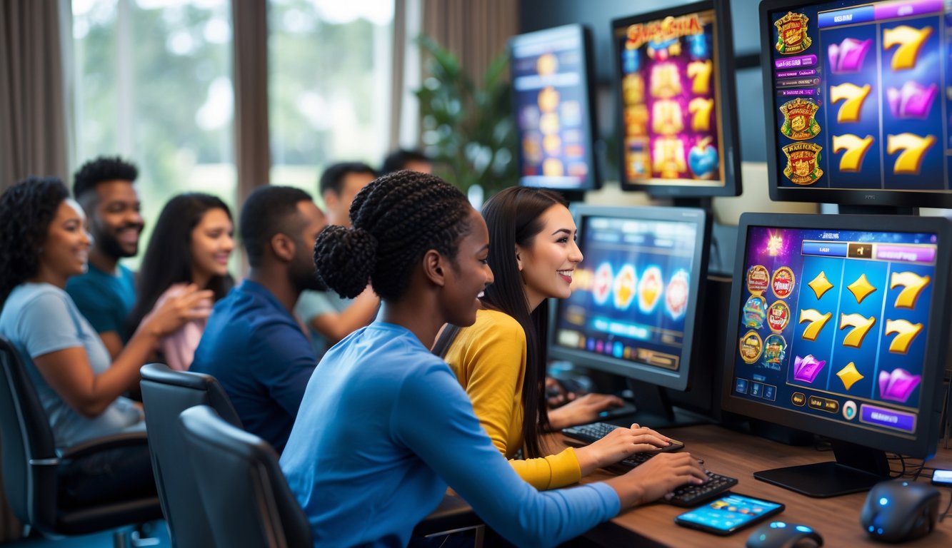 Sekelompok orang dari berbagai latar belakang bermain game slot online bersama di ruangan yang nyaman dengan beberapa layar komputer dan ponsel menampilkan permainan slot yang berwarna-warni.