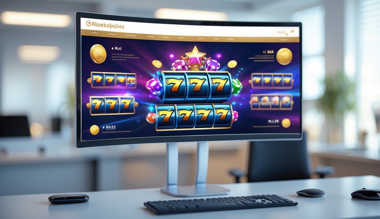 Tampilan antarmuka platform permainan slot online di monitor komputer di dalam ruangan kantor yang terang dan rapi.