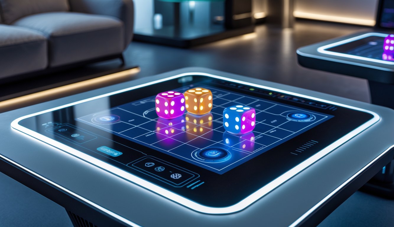 Meja permainan judi Sic Bo online modern dengan layar interaktif dan dadu digital di ruangan yang terang.