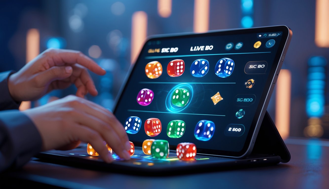 Seseorang menggunakan perangkat digital dengan tampilan dadu yang sedang bergulir dalam permainan Sic Bo online.