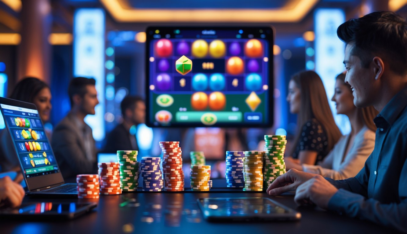 Orang-orang bermain permainan Sic Bo online dengan dadu berwarna-warni dan meja taruhan virtual di latar belakang kasino.