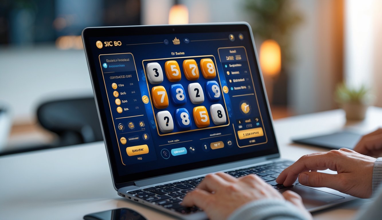 Seseorang menggunakan laptop dengan tampilan permainan Sic Bo online yang intuitif dan mudah digunakan.