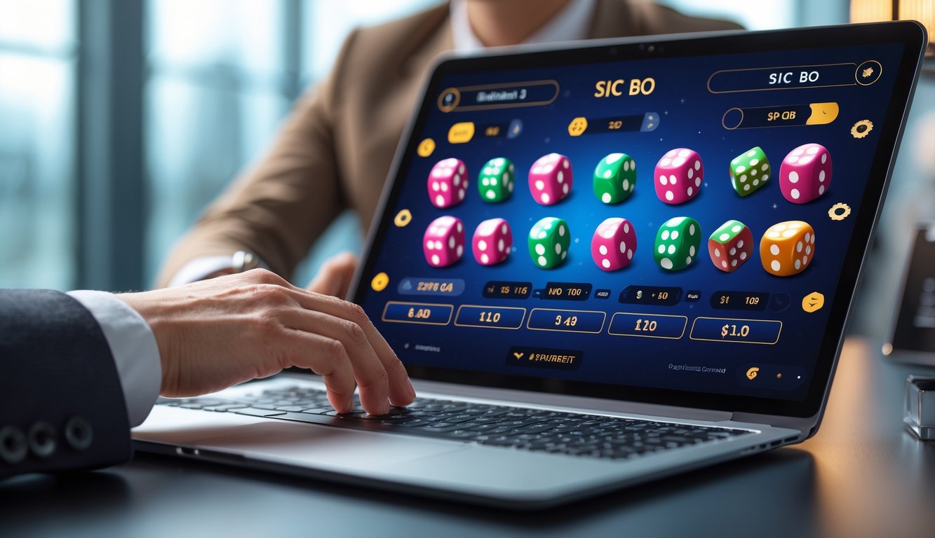 Seseorang menggunakan laptop dengan tampilan permainan Sic Bo online di layar, menunjukkan pengalaman bermain yang fokus dan profesional.