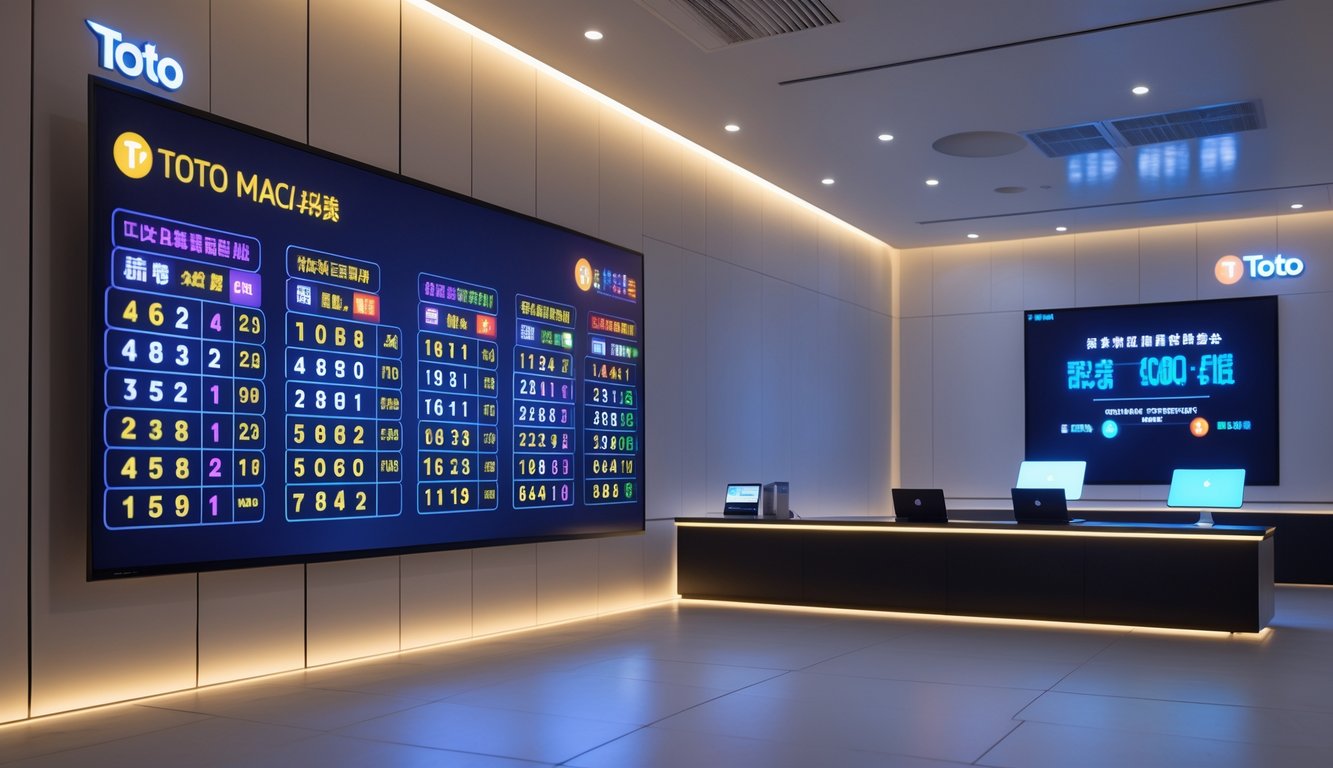 Sebuah layar digital modern menampilkan hasil undian Toto Macau secara langsung di ruangan yang bersih dan terang.