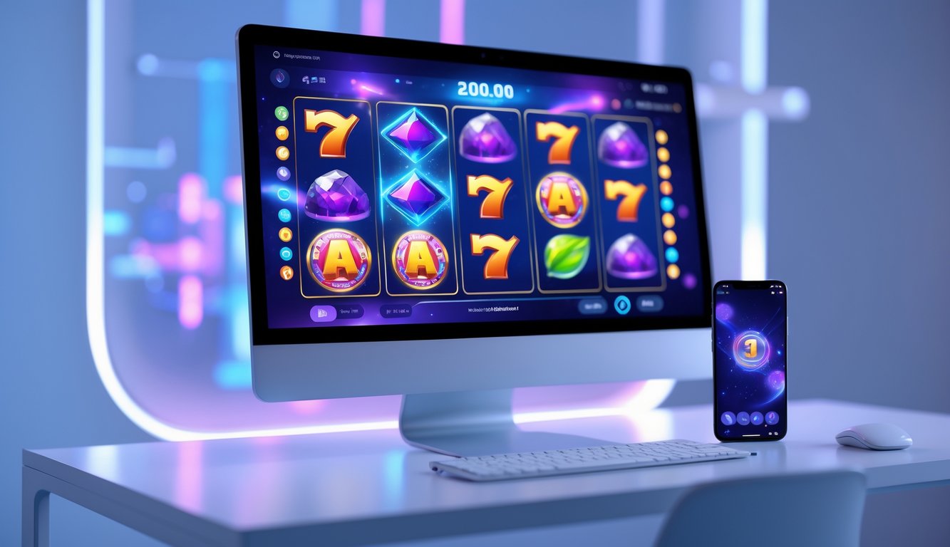 Tampilan antarmuka permainan slot online modern yang inovatif pada komputer dan ponsel di atas meja minimalis.