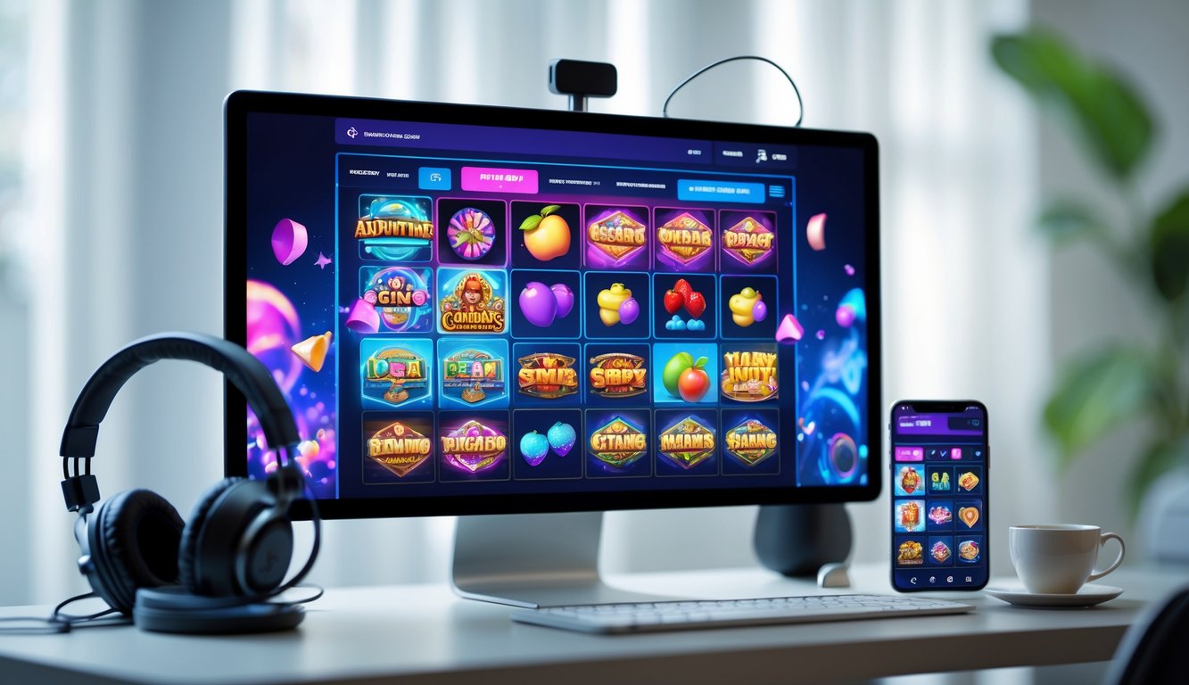 Layar komputer menampilkan berbagai tema permainan slot online yang berwarna-warni dengan aksesori gaming di meja kerja.