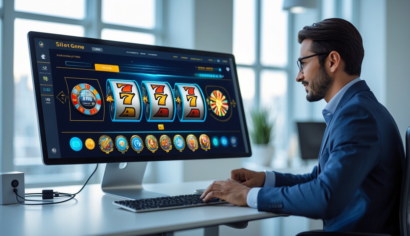 Seorang profesional menggunakan komputer dengan tampilan permainan slot online yang stabil dan andal di lingkungan kantor yang terang.