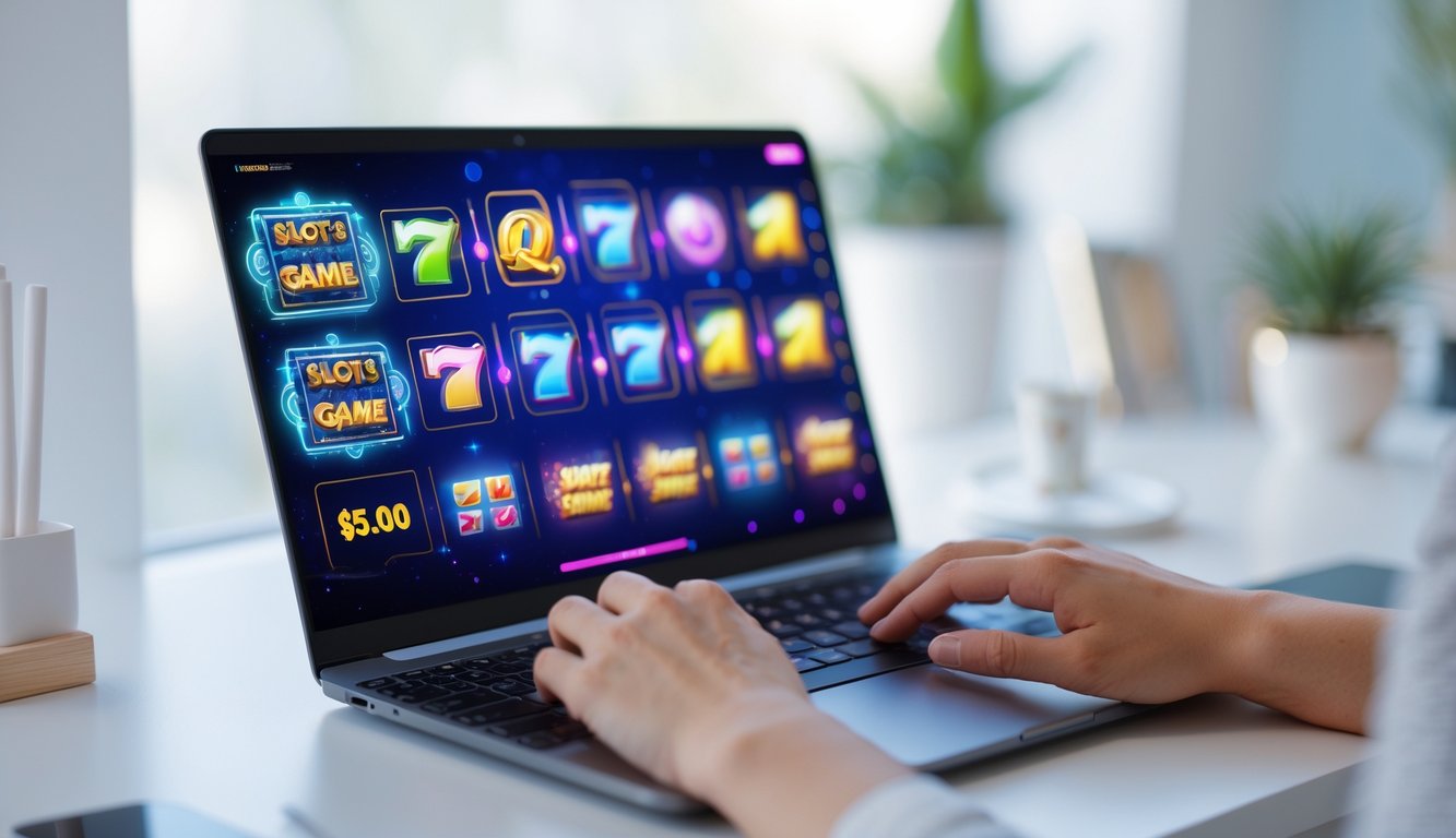 Seseorang menggunakan laptop dengan layar menampilkan permainan slot online berwarna-warni di meja kerja yang rapi dan terang.