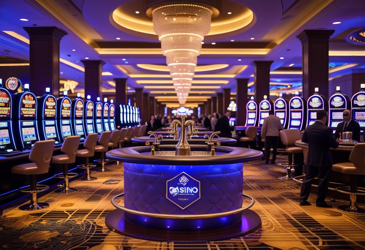 Interior of a casino with slot machines, a bar counter with drink faucets, and people enjoying the lively atmosphere.