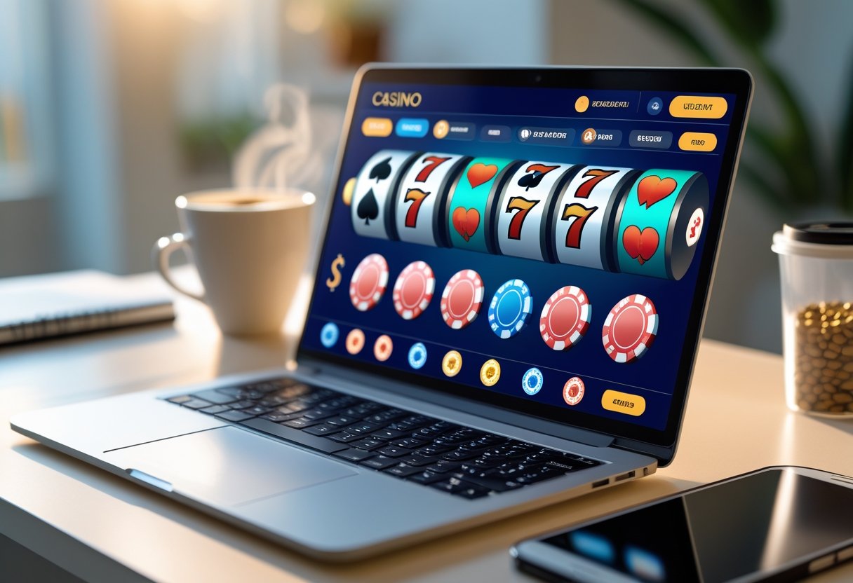 A laptop on a desk displaying an online casino game with poker chips and slot machines, surrounded by a coffee cup, smartphone, and notebook.