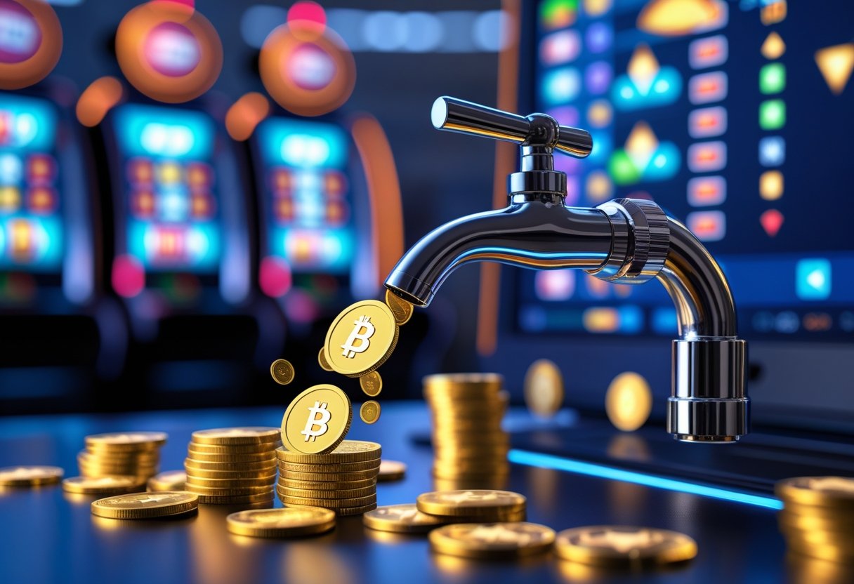 A faucet pouring golden coins and digital tokens in front of a digital casino interface with poker chips and playing cards.