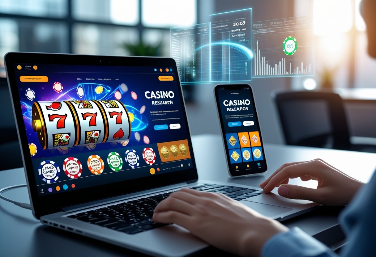 A person working on a laptop and smartphone at a desk, researching online casinos with casino-themed graphics visible on the laptop screen.