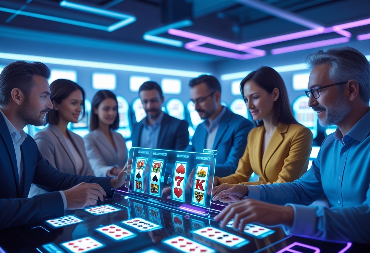 A group of diverse adults interacting with futuristic digital casino interfaces in a modern high-tech environment.
