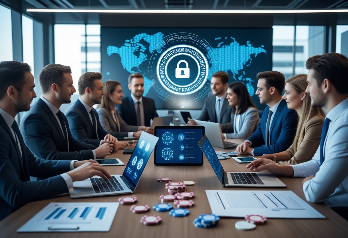 A group of professionals collaborating around a table with laptops and documents, discussing online casino safety and security standards.